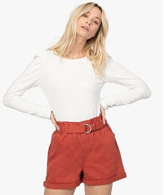 GEMO Tee-shirt femme côtelé avec fronces aux épaules Beige
