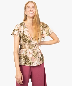 GEMO Blouse femme manches courtes à taille smockée Imprimé