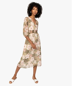 GEMO Robe femme longue en voile fleuri et smocks jaune chine