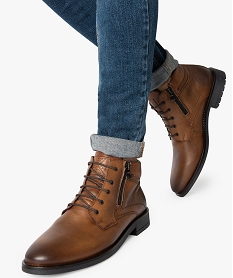 GEMO Boots homme en cuir uni fermeture lacets et zip - Tanéo marron standard