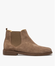 GEMO Boots femme style chelsea à talon plat dessus cuir suédé uni marron fonce