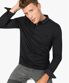 polo homme a manches longues en coton texture noirA981001_1