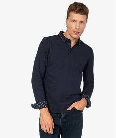 polo homme a manches longues en coton texture bleuA981101_1