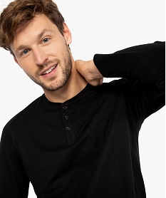 GEMO Tee-shirt homme à manches longues et col tunisien noir standard
