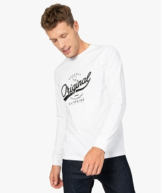 GEMO Tee-shirt homme à manches longues avec inscription sur l’avant Blanc