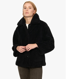 GEMO Manteau femme en matière peluche avec grand col noir standard