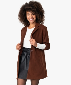 GEMO Manteau court femme en matière extensible et grand col marron fonce