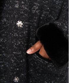 manteau femme en maille bouclette et details duveteux grisB003401_2