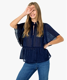GEMO Blouse femme à manches courtes rayée en voile transparent Bleu