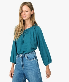 GEMO Blouse femme unie à manches ¾ et col froncé Bleu