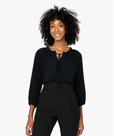 GEMO Blouse femme unie à manches ¾ et col froncé Noir