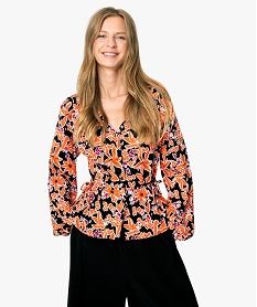 chemise femme a motifs fleuris a manches longues et col v imprime blousesB007001_2