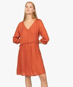 GEMO Robe femme midi à manches longues en satin imprimé Orange
