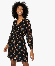 GEMO Robe femme à manches longues en voile imprimé grosses fleurs Imprimé