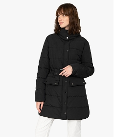 GEMO Manteau femme matelassé avec capuche et ceinture Noir