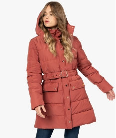 GEMO Manteau femme matelassé avec capuche et ceinture Rose