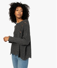 GEMO Pull femme en maille fantaisie avec encolure ronde Gris