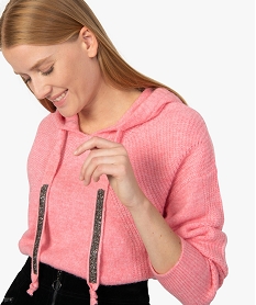 GEMO Pull femme à capuche en maille fantaisie Rose