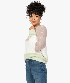 GEMO Pull femme tricolore en maille peluche avec boutons strass sur l’épaule Imprimé
