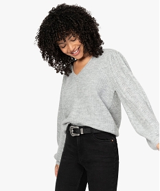 GEMO Pull femme col V avec maille fantaisie sur les manches Noir