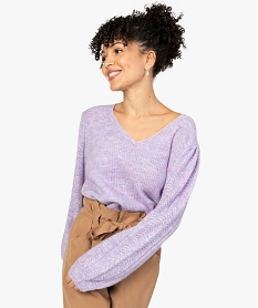 GEMO Pull femme col V avec maille fantaisie sur les manches Violet