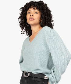 GEMO Pull femme col V avec maille fantaisie sur les manches Vert