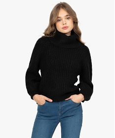 GEMO Pull femme en grosse maille à paillettes et col boule Noir