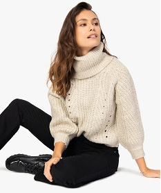 GEMO Pull femme en grosse maille à paillettes et col boule Beige