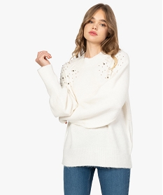 GEMO Pull femme à col montant avec perles métalliques et strass Beige