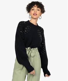 GEMO Pull femme à col montant avec perles métalliques et strass Noir
