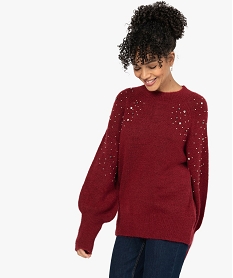 GEMO Pull femme à col montant avec perles métalliques et strass Rouge