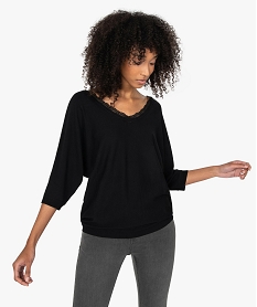 GEMO Pull femme en maille fine avec décolleté V en dentelle Noir