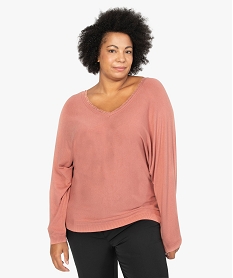 GEMO Pull femme grande taille en maille fine avec décolleté V en dentelle Rose