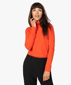 GEMO Tee-shirt femme en maille côtelée manches longues et col montant Rouge
