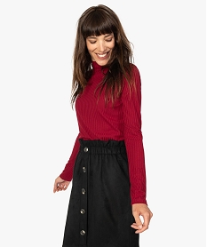 GEMO Tee-shirt femme en maille côtelée manches longues et col montant Rouge