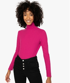 GEMO Tee-shirt femme en maille côtelée manches longues et col montant Rose