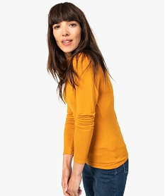 GEMO Tee-shirt femme uni avec col roulé et manches longues Jaune