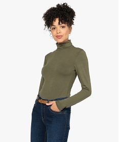 GEMO Tee-shirt femme uni avec col roulé et manches longues Vert