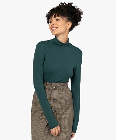 GEMO Tee-shirt femme uni avec col roulé et manches longues Vert