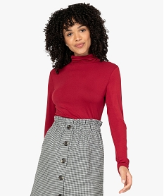 GEMO Tee-shirt femme uni avec col roulé et manches longues Rouge