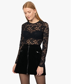 GEMO Tee-shirt femme à manches longues en dentelle transparente Noir
