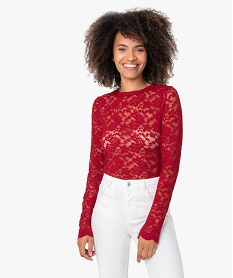 GEMO Tee-shirt femme à manches longues en dentelle transparente Rouge