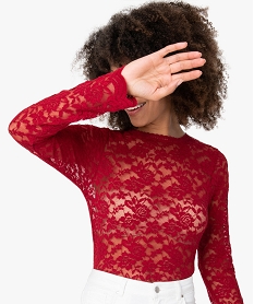 tee-shirt femme a manches longues en dentelle transparente rougeB033101_2