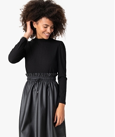 GEMO Tee-shirt femme côtelé à manches longues avec épaules froncées Noir