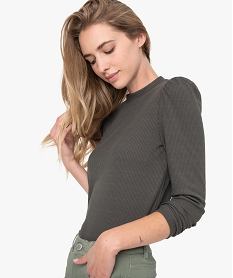 GEMO Tee-shirt femme côtelé à manches longues avec épaules froncées Vert