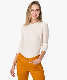 tee-shirt femme cotele a manches longues avec epaules froncees beige t-shirts manches longuesB033401_1