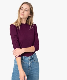 GEMO Tee-shirt femme côtelé à manches longues avec épaules froncées Violet