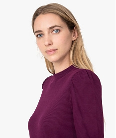 tee-shirt femme cotele a manches longues avec epaules froncees violetB033501_2