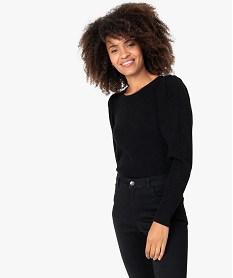GEMO Tee-shirt femme côtelé à manches longues avec épaules froncées Noir