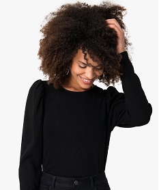 tee-shirt femme cotele a manches longues avec epaules froncees noirB033901_2